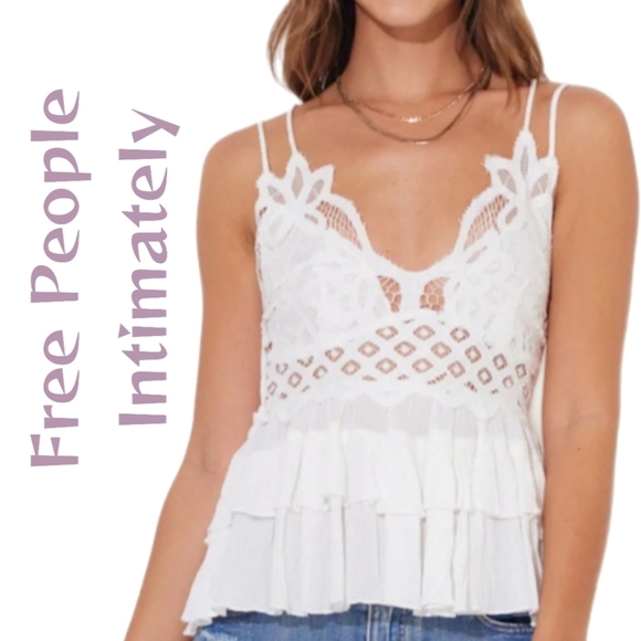 Free People Intimately White Adella Lace & Ruffle Cami Sz S Smocked Adj Straps - Picture 1 of 13